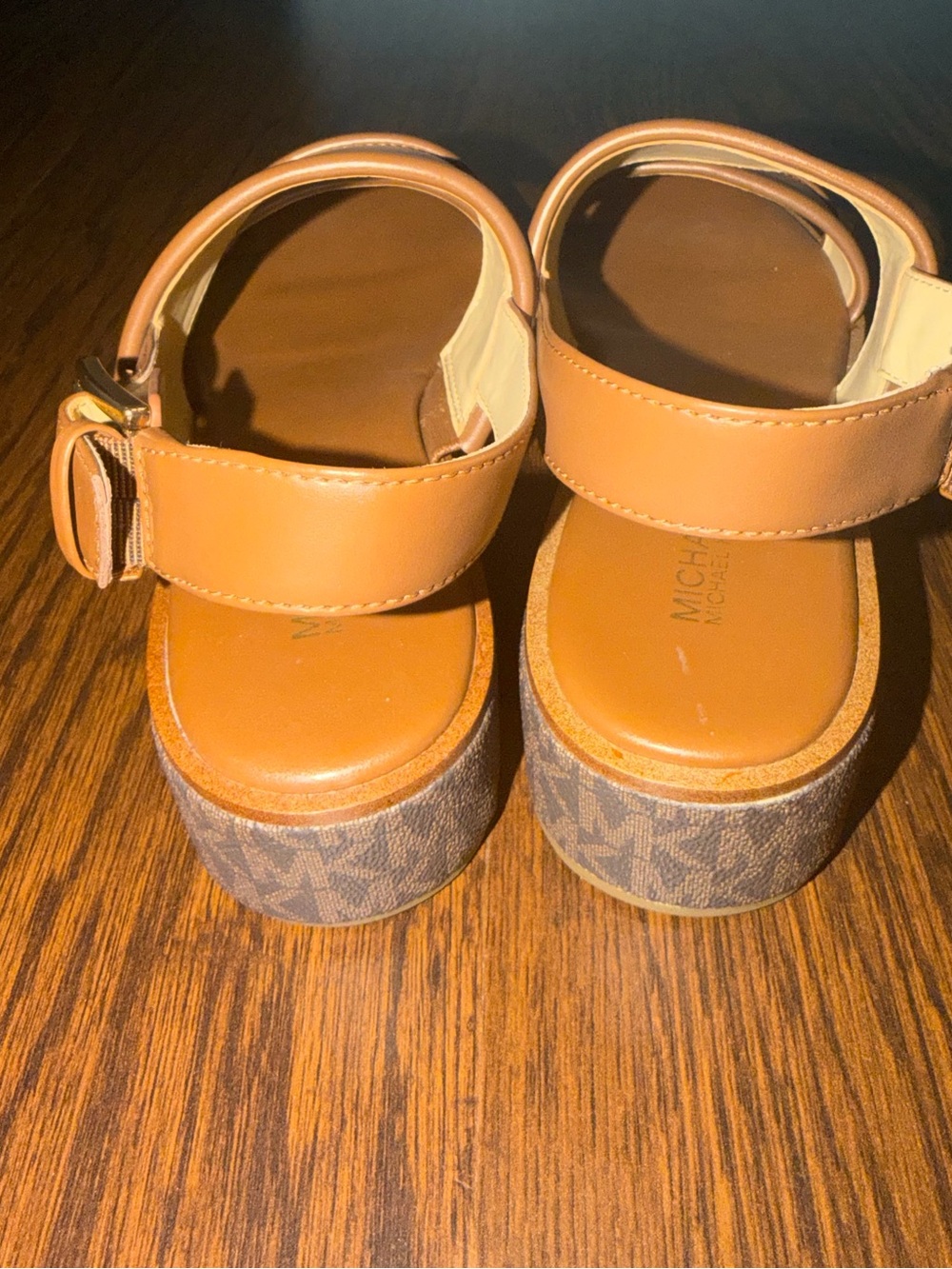 Michael Kors Brown Leather Platform Sandals with MK-Print Sole - Picture 6 of 8
